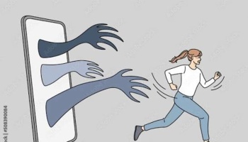 A frightened woman runs away as dark, clawed hands reach out from a smartphone screen.