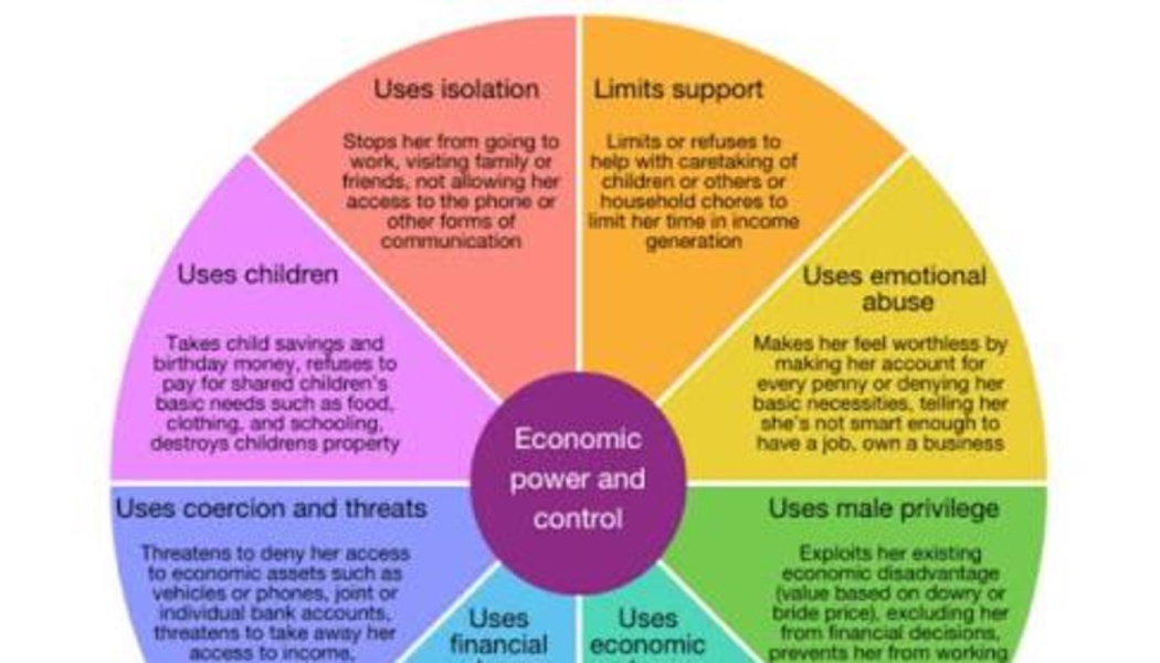 Wheel diagram displaying tactics of economic power and control, including isolation, coercion, and emotional abuse.