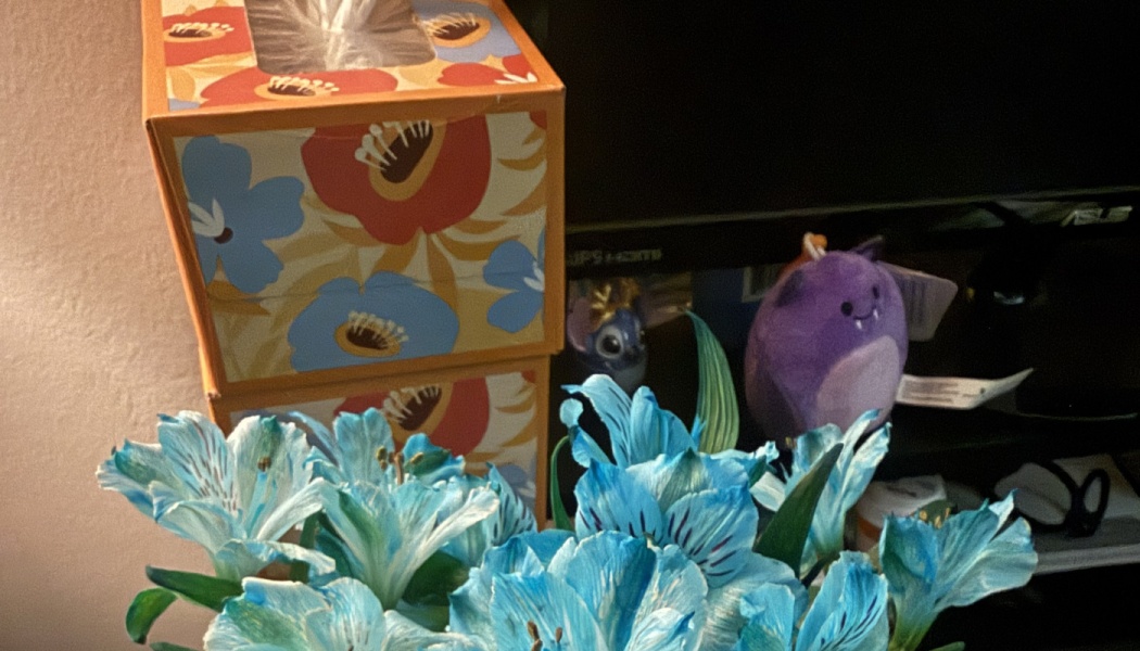Bright blue alstroemeria flowers in front of a floral tissue box and a small purple plush toy.