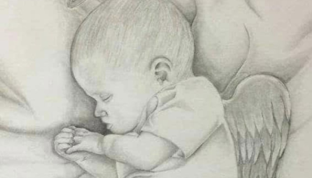 Pencil sketch of a peaceful sleeping baby with small angel wings on its back.