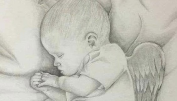 Pencil sketch of a peaceful sleeping baby with small angel wings on its back.