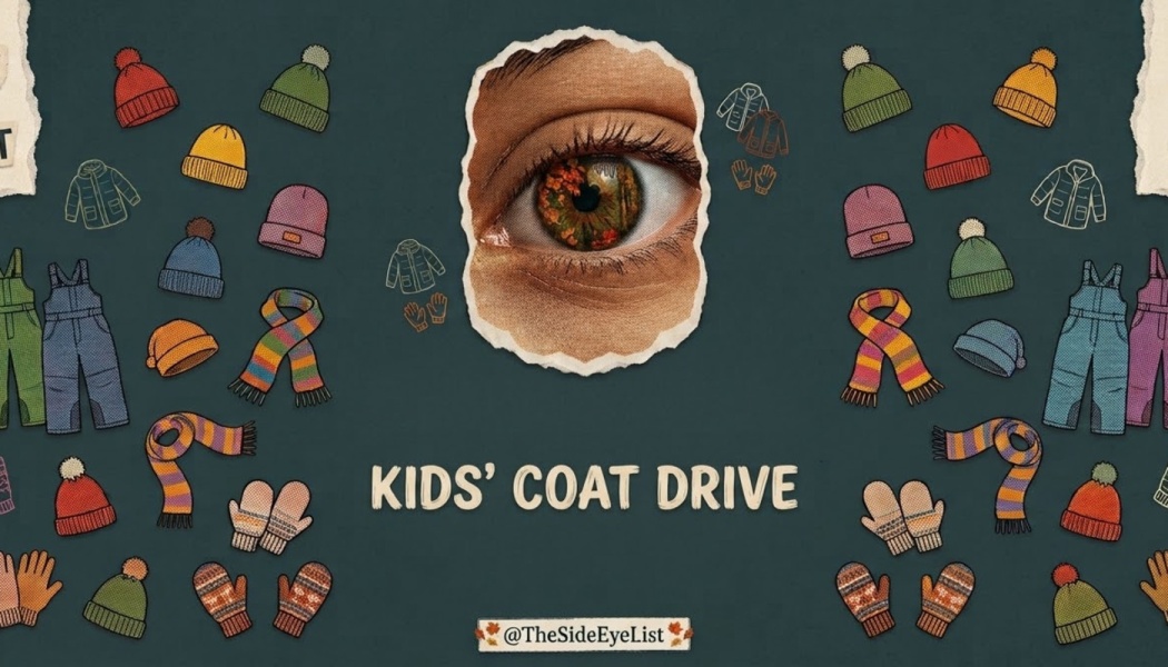 Kids' Coat Drive graphic with a close-up eye framed by colorful illustrations of winter hats, scarves, and mittens.