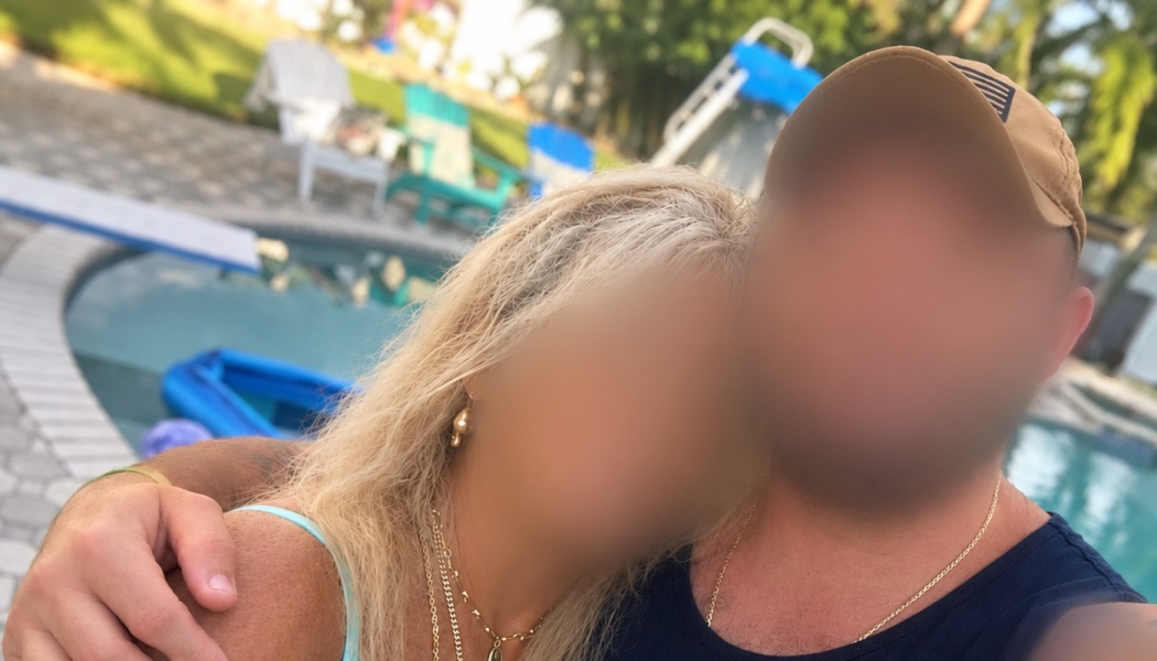 A man in a tan cap with his arm around a blonde woman, posing outdoors beside a backyard swimming pool.
