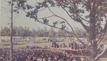 Large crowd gathered at a vintage outdoor music festival stage framed by trees.