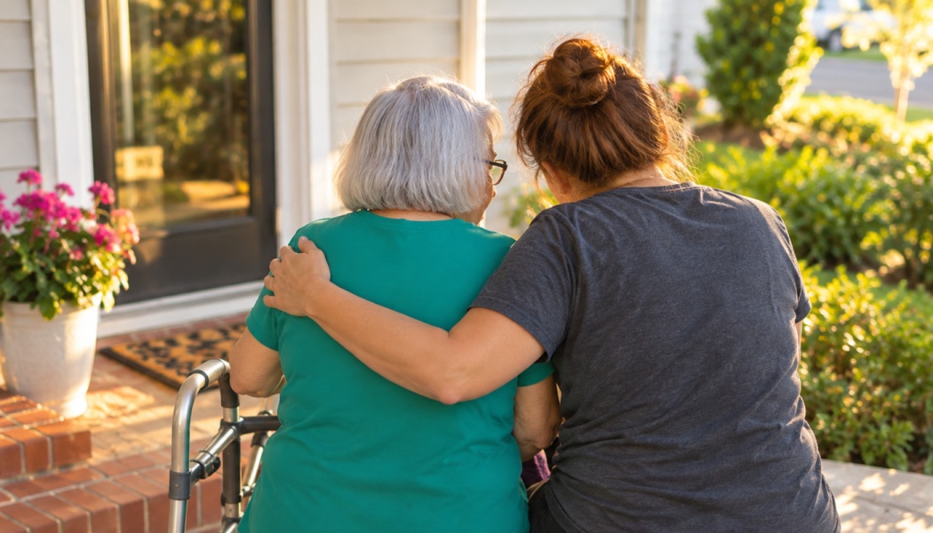 A woman puts a comforting arm around an elderly woman sitting with a walker on a sunny porch.