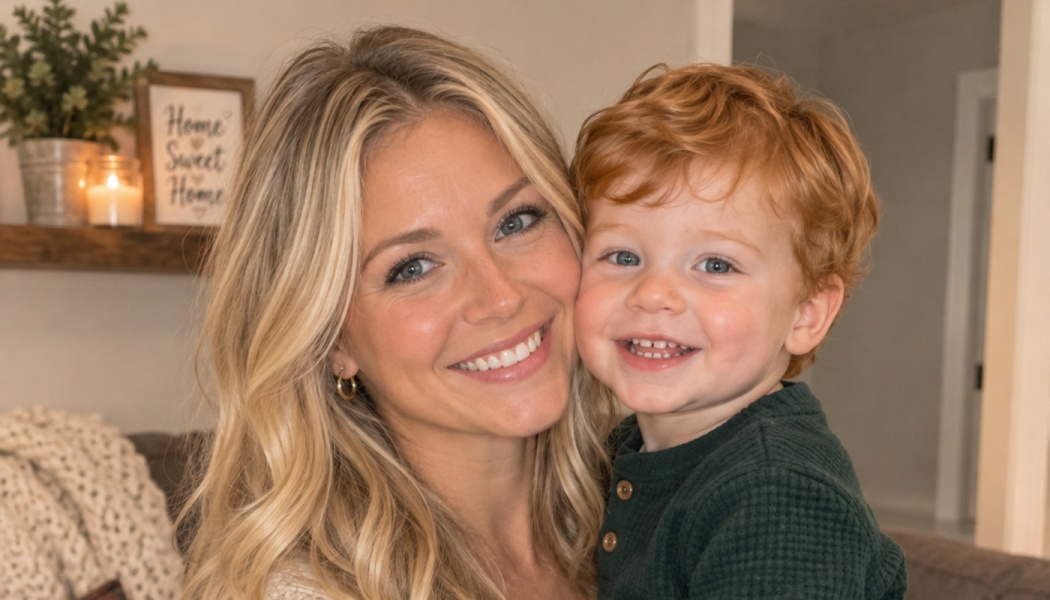 A smiling blonde woman holding a red-haired toddler close in a cozy home setting.