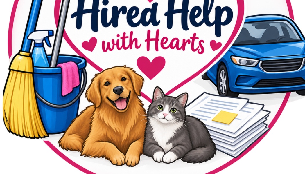 Logo for Hired Help with Hearts featuring a dog, cat, cleaning supplies, paperwork stack, and a blue car.