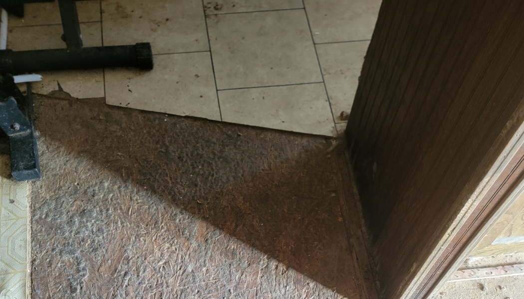 Damaged flooring with an exposed, stained OSB subfloor and missing tiles near a doorway.