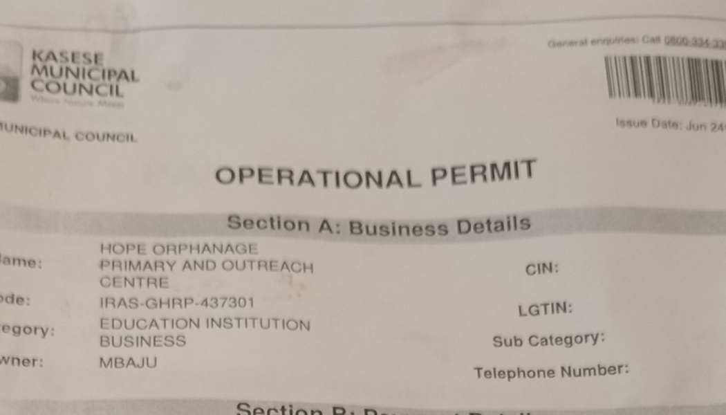 Kasese Municipal Council Operational Permit for Hope Orphanage Primary and Outreach Centre.