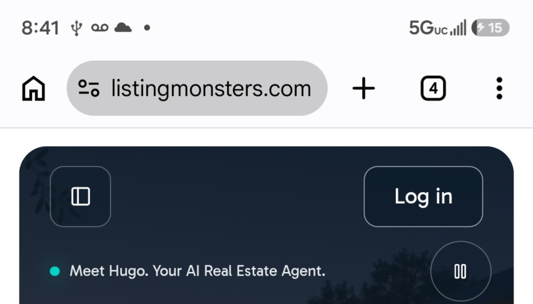 Screenshot of listingmonsters.com mobile website displaying text: Meet Hugo. Your AI Real Estate Agent.