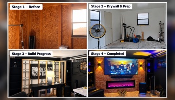 Four-stage renovation collage showing a room transformation from raw framing to a completed modern home theater.