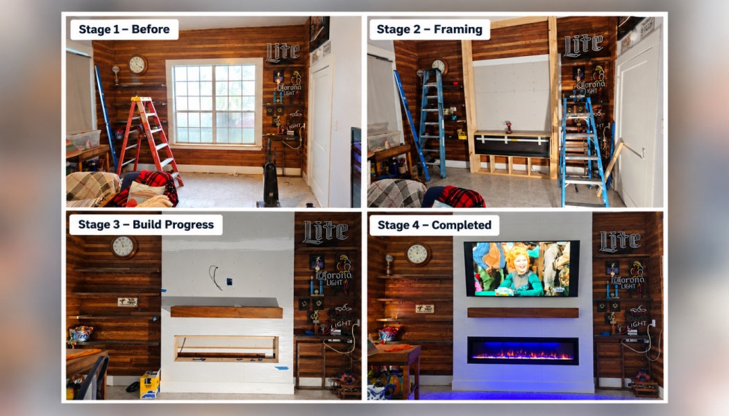 Four stages of a room renovation, transforming a window wall into a finished electric fireplace with a mounted TV.