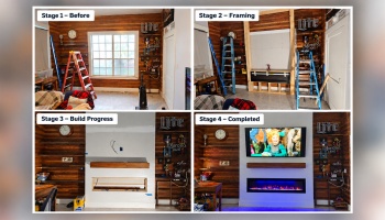 Four stages of a room renovation, transforming a window wall into a finished electric fireplace with a mounted TV.