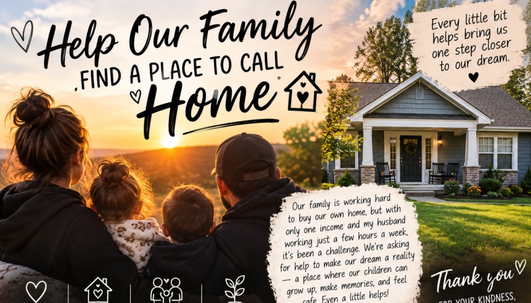 Family watching a sunset beside a house, with text reading: Help Our Family Find a Place to Call Home.