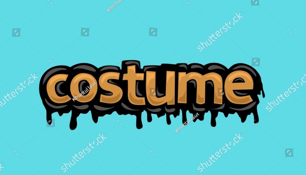 The word "costume" in tan bubble letters with a dripping black outline against a bright blue background.