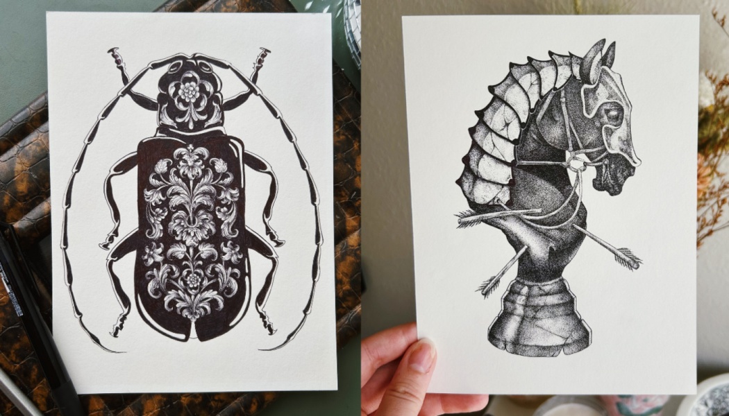 Two black ink art prints showing an ornate floral beetle and an armored knight chess piece pierced by arrows.