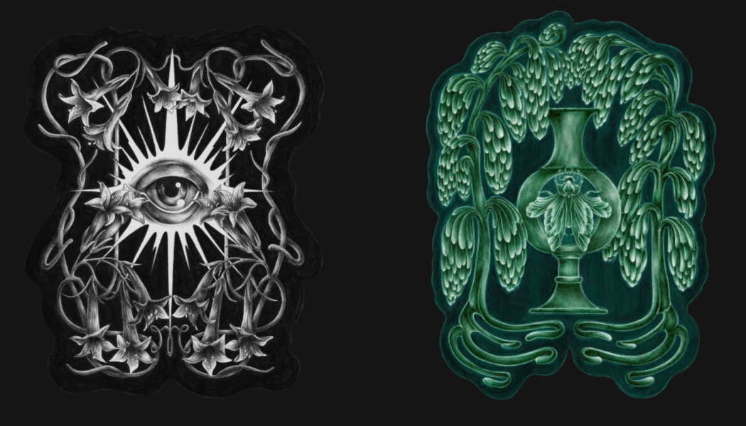 Two Art Nouveau designs: a radiant eye with lilies in black and white, and a green vase with a moth framed by foliage.