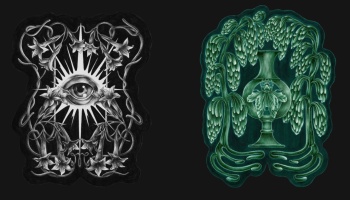 Two Art Nouveau designs: a radiant eye with lilies in black and white, and a green vase with a moth framed by foliage.