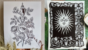 Two black and white art prints: a dagger piercing a heart with an eye, and a celestial sun with a floral border.