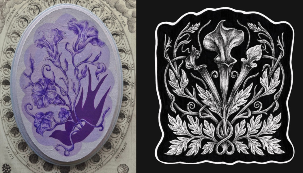 Purple oval artwork of morning glories and a swallow alongside a black-and-white botanical illustration sticker.