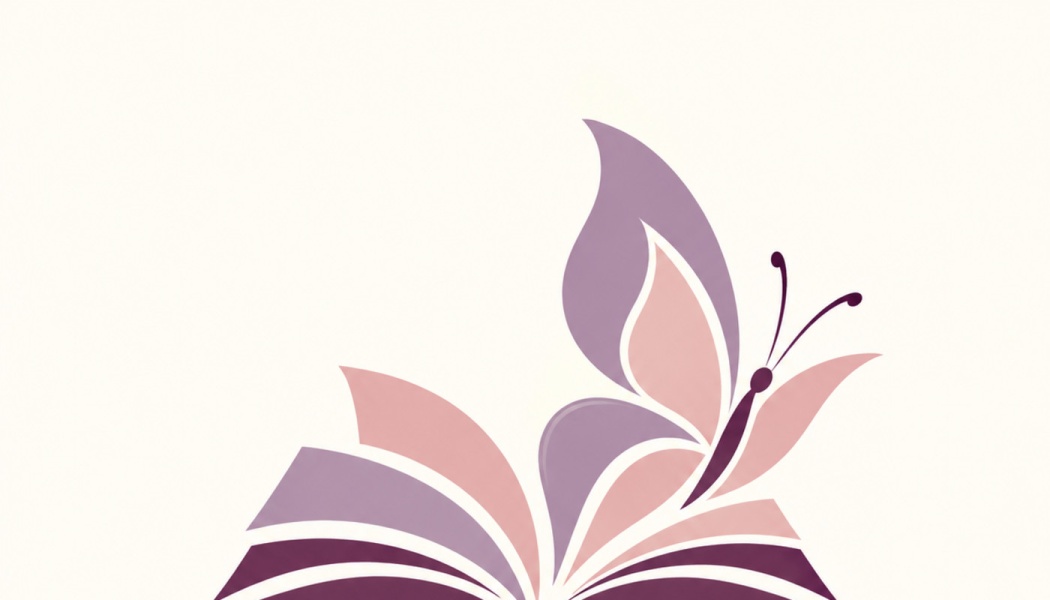 Stylized graphic of a butterfly emerging from the pages of an open book in shades of purple and pink.