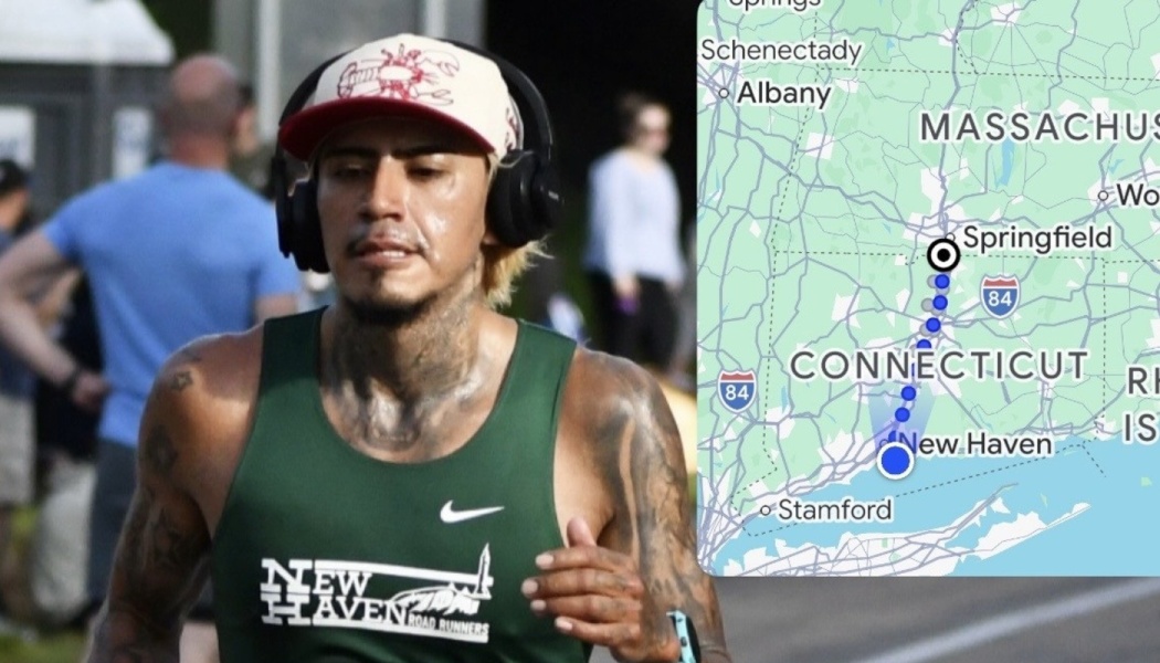 A tattooed runner in a green New Haven tank top alongside a map showing a route through Connecticut.