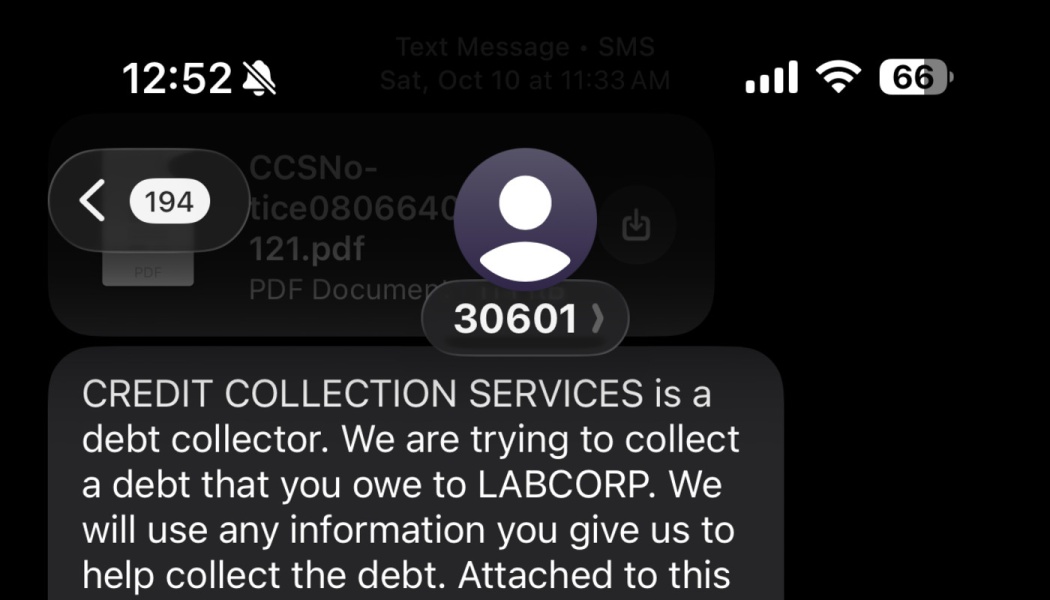 Text message from Credit Collection Services attempting to collect a medical debt owed to Labcorp.