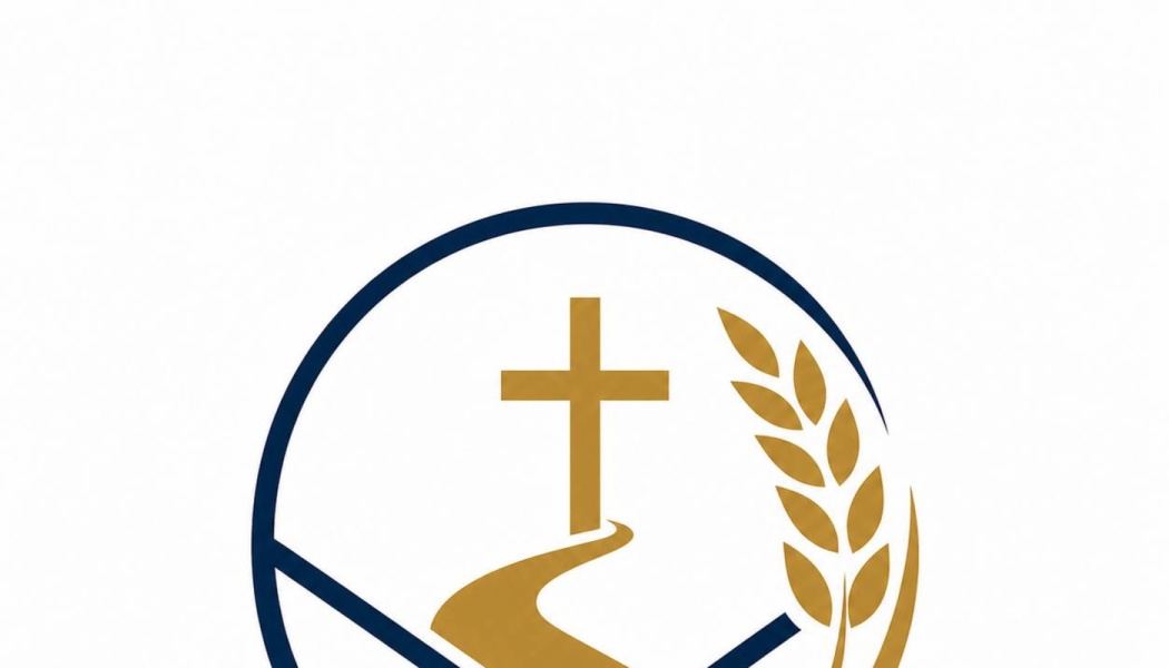 A circular logo featuring a gold Christian cross, a winding path, and a wheat stalk framed by a dark blue circle.