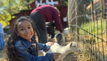 A smiling young girl in a denim jacket pets a small white baby goat at a farm fence.