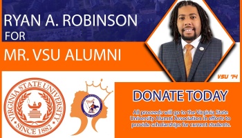 Campaign graphic for Ryan A. Robinson for Mr. VSU Alumni with portrait, VSU logos, and 'Donate Today' text.