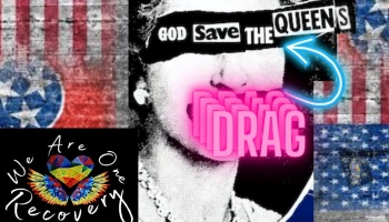 Punk artwork of Queen Elizabeth with "God Save the Queens" blindfold, neon pink "DRAG" text, and background flags.