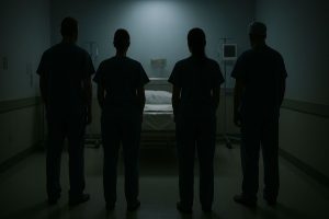Four medical professionals looking at an empty hospital bed