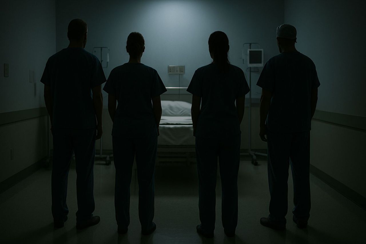 Four medical professionals looking at an empty hospital bed