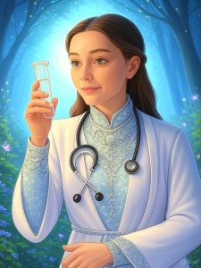 A magical COVID vaccine held by a magical female doctor.