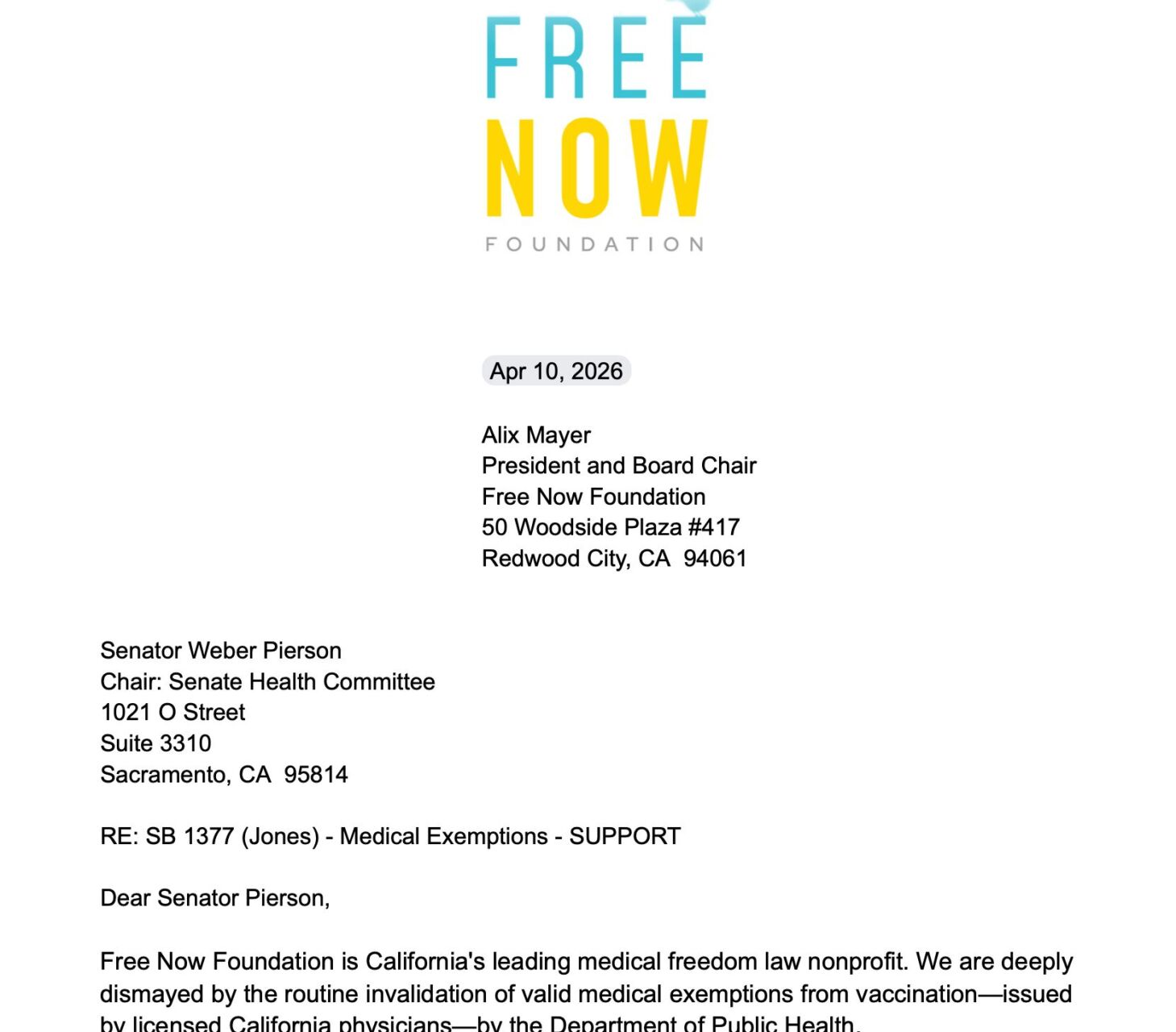 Free Now Foundation's letter in support of SB 1377