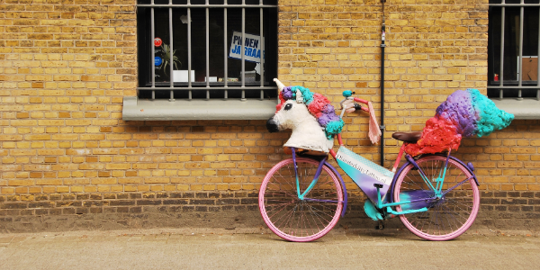 a unicorn on a bicycle near a window