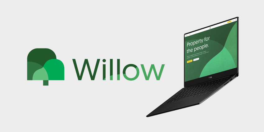 Willow's logo and a mock up of Willow's software on a laptop