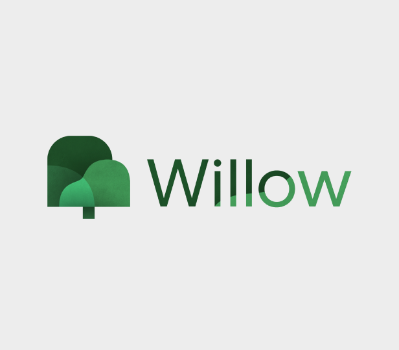 Willow's logo and a mock up of Willow's software on a laptop