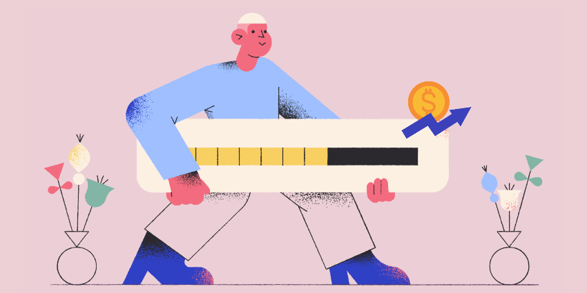 Graphic of a man holding a tracking bar with a symbol of money going upwards to represent raising money from angel investors, venture capital and equity crowdfunding.