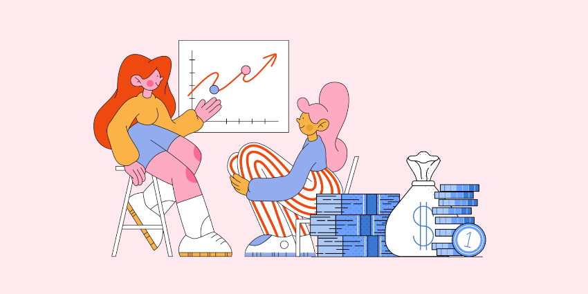 A graphic of women entrepreneurs look at an upwards chart, with money in the foreground to represent funding.