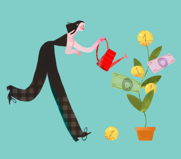 A graphic of a woman watering a plant that grows money to represent startup funding.