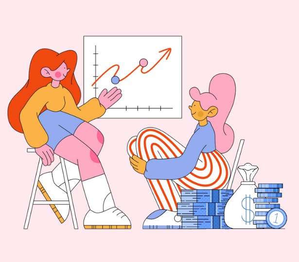 A graphic of women entrepreneurs look at an upwards chart, with money in the foreground to represent funding.