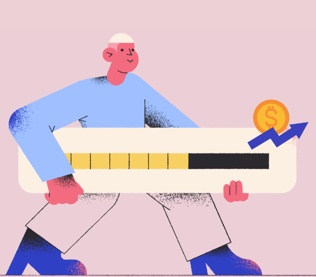 Graphic of a man holding a tracking bar with a symbol of money going upwards to represent raising money from angel investors, venture capital and equity crowdfunding.