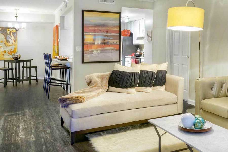 Living room amenities at The Eva