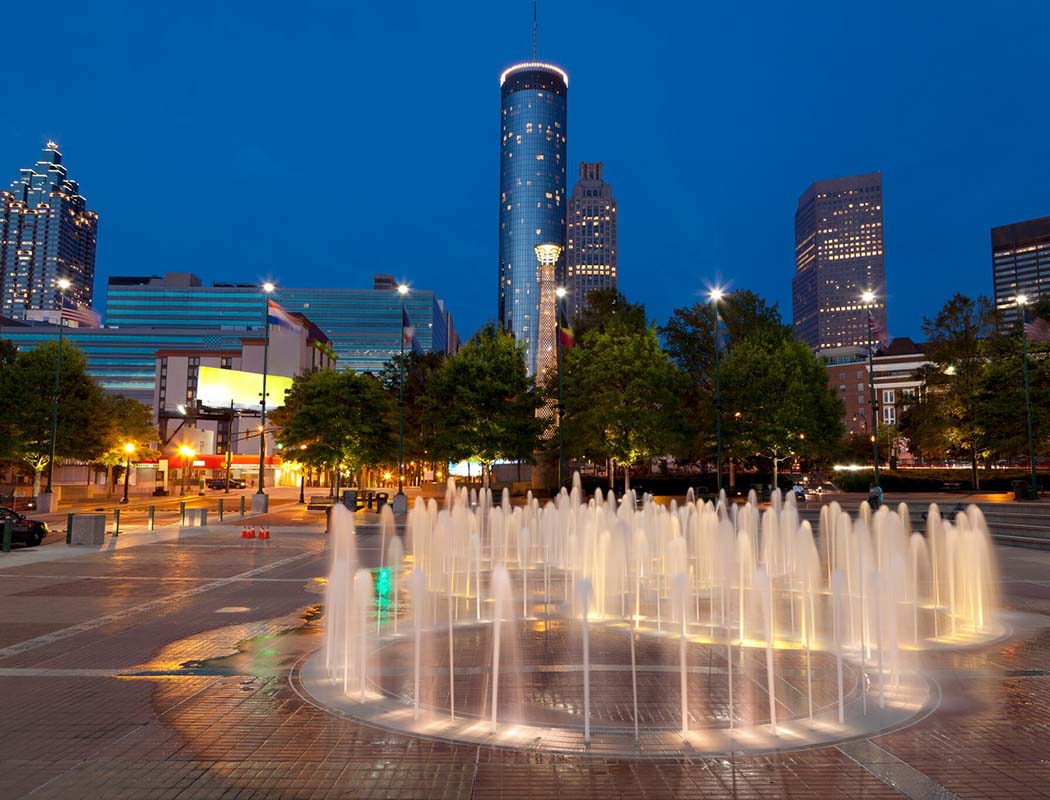 Night shot of Atlanta near Block Lofts