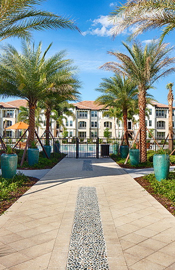 View of the Park Place at Maguire walkway up to the leasing office