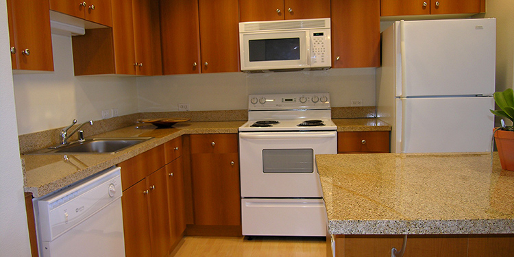 Luxurious apartment kitchen at 1010 Pacific Apartments