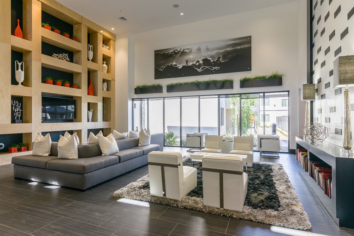 Modern lounge area at EVO Apartments