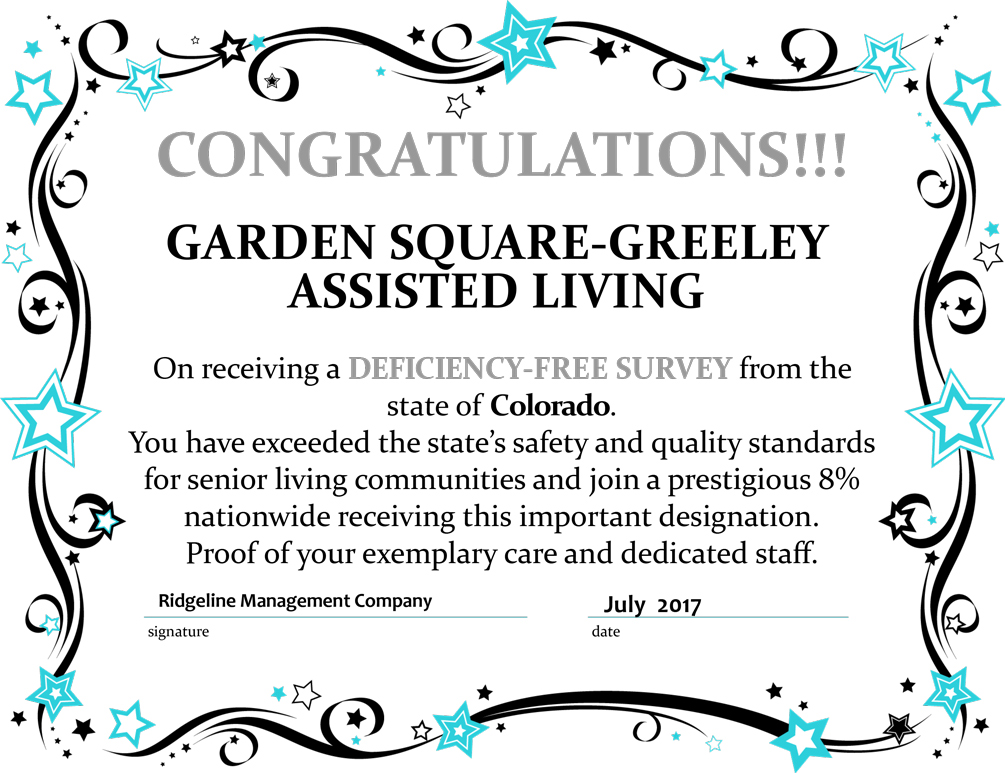 Garden Square of Greeley Assisted Living and Memory Care is award winning and deficiency-free!