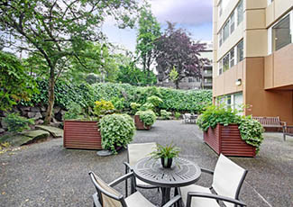 Patio seating at our senior living facility in Seattle